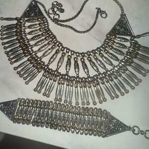 Lucky Brand Silver Gold 2 Tone Bib Collar Statement Necklace + Bracelet Set